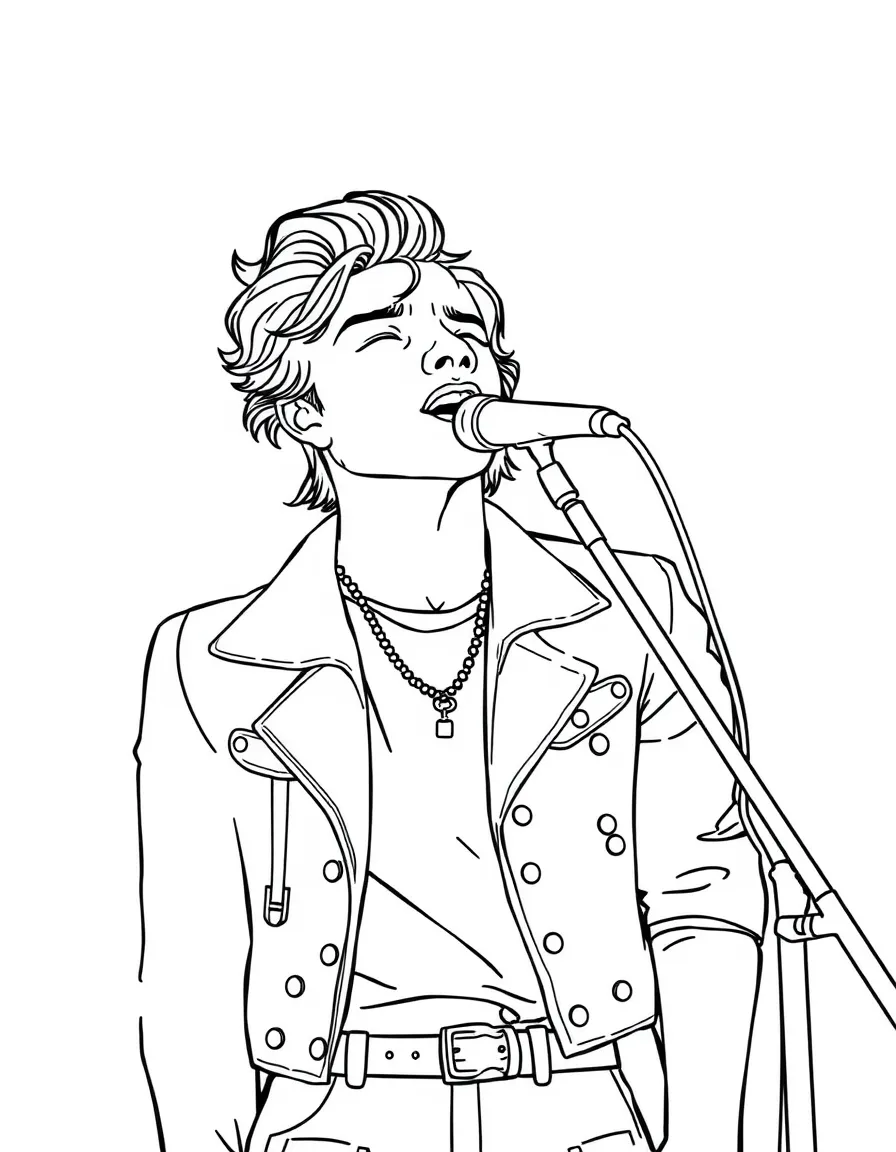 Harry Styles singing with a fun outfit.
