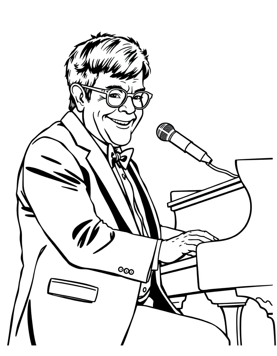 Elton John playing his piano with a big smile.