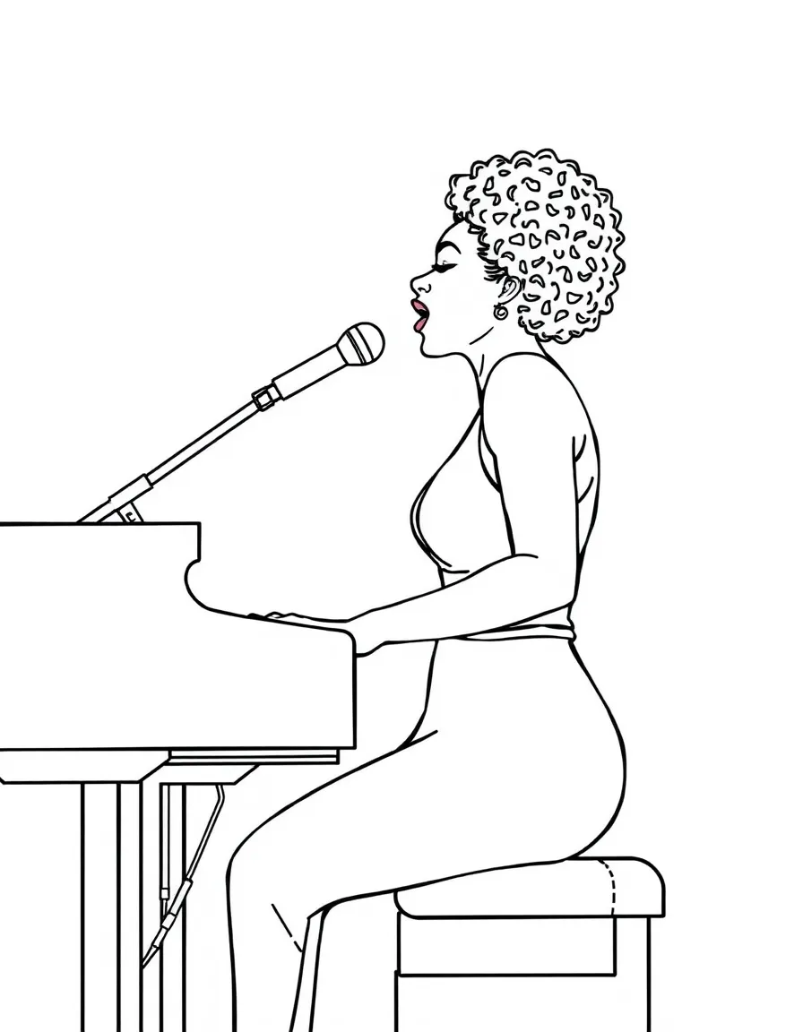 Alicia Keys playing piano and singing.