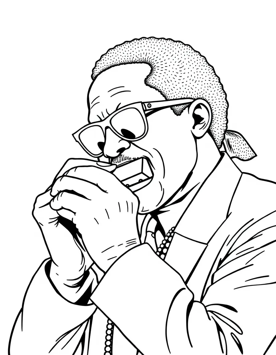 Stevie Wonder playing the harmonica.