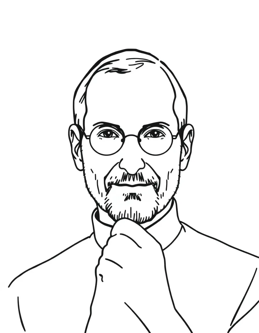 A simple drawing of Steve Jobs with a thought bubble.