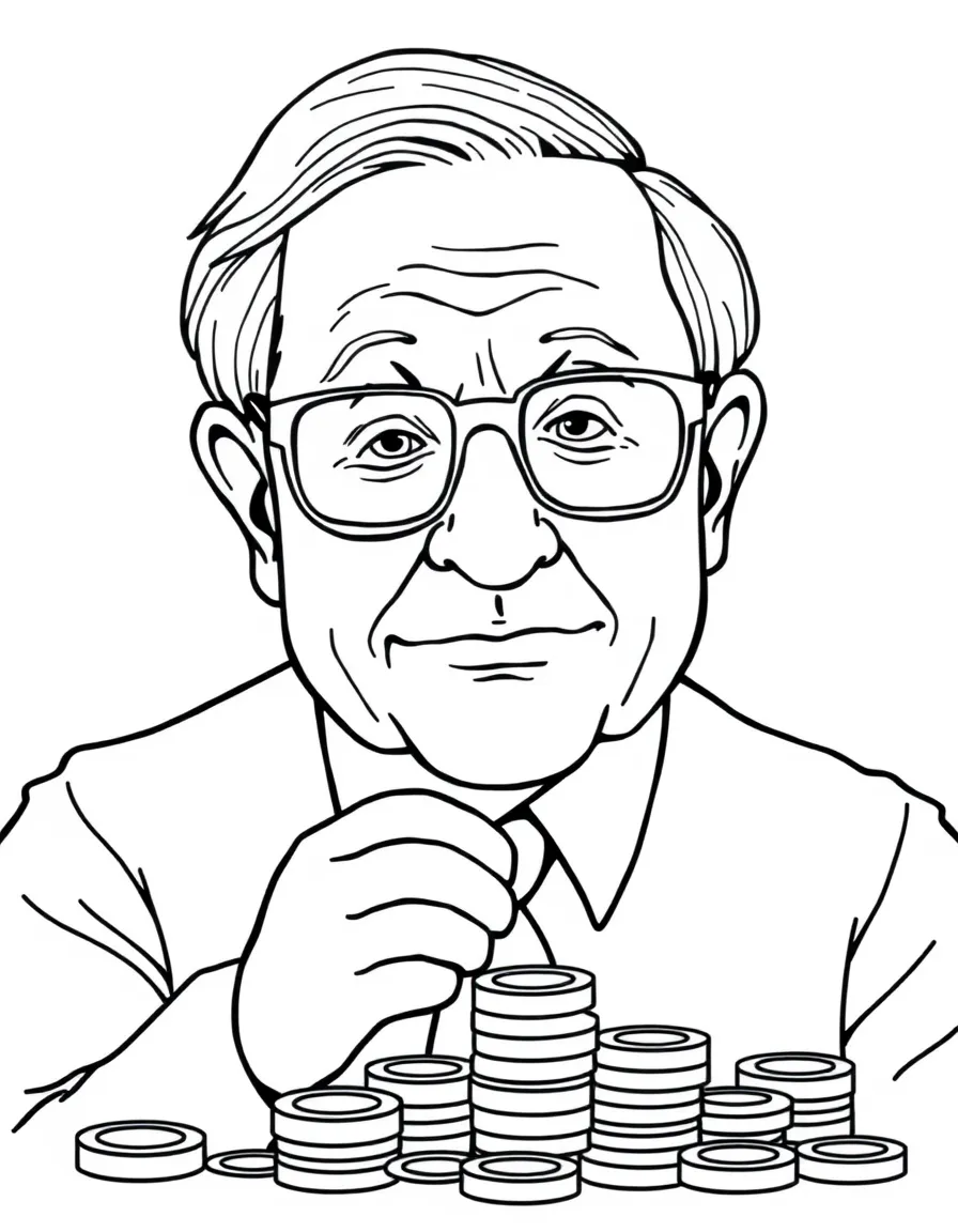 Warren Buffett counting coins (simple drawing).