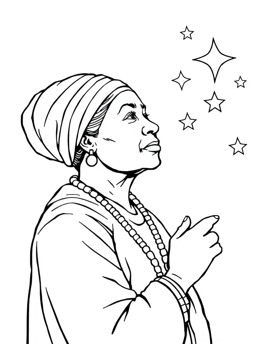 Harriet Tubman looking at stars.