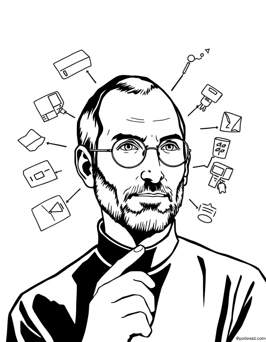 A simple drawing of Steve Jobs brainstorming.