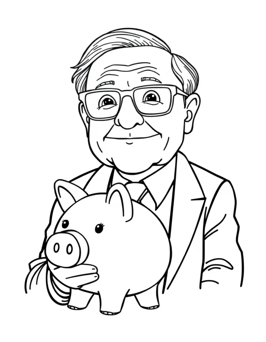Warren Buffett with a piggy bank.