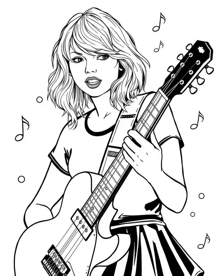 Taylor Swift with a guitar and music notes.