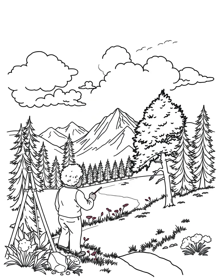 Bob Ross painting a landscape.