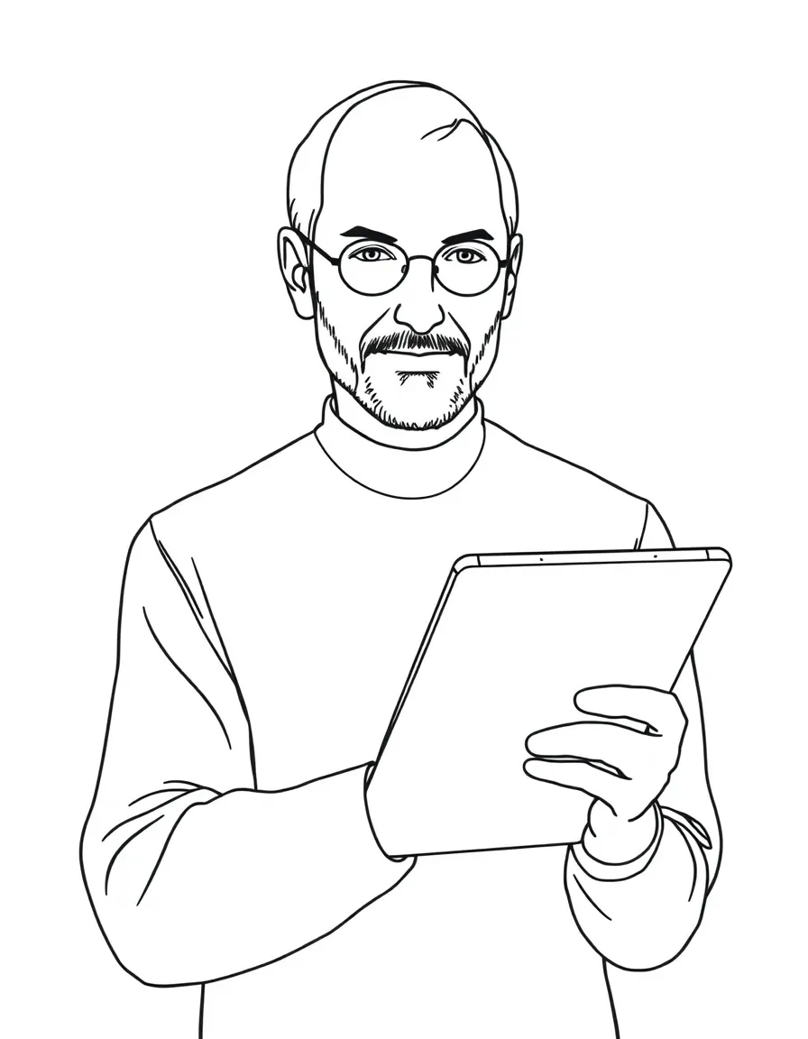 A simple drawing of Steve Jobs holding an iPad.