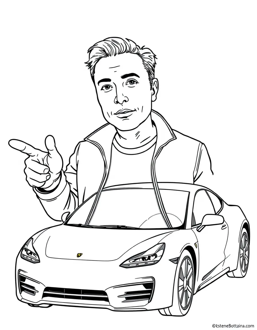 Elon Musk pointing to a car.