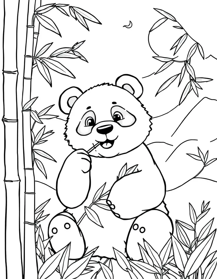 A cute panda bear eating bamboo in a landscape of China.