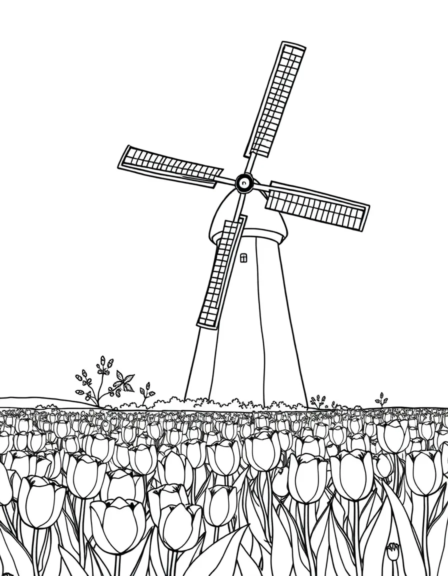 A traditional Dutch windmill and a tulip field for Netherlands.