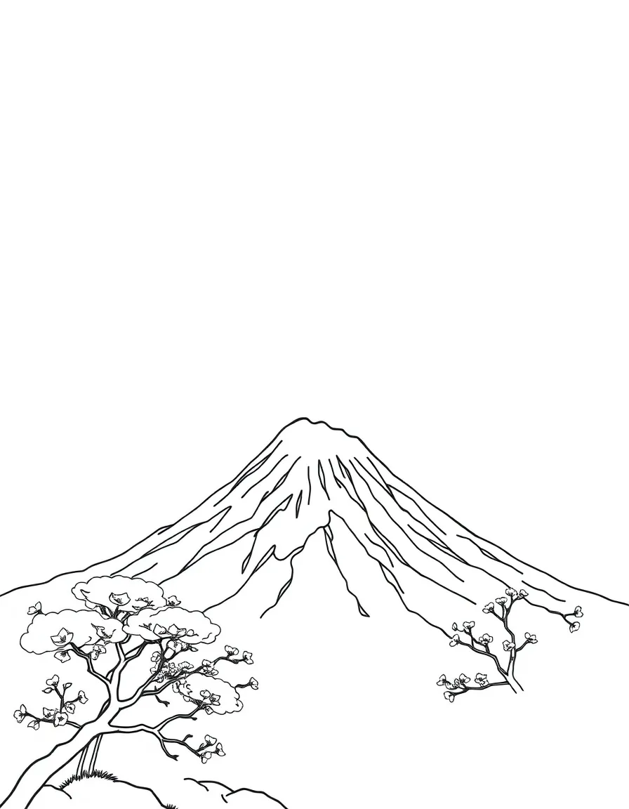 A snowy mountain peak (Mount Fuji) and a cherry blossom tree for Japan.