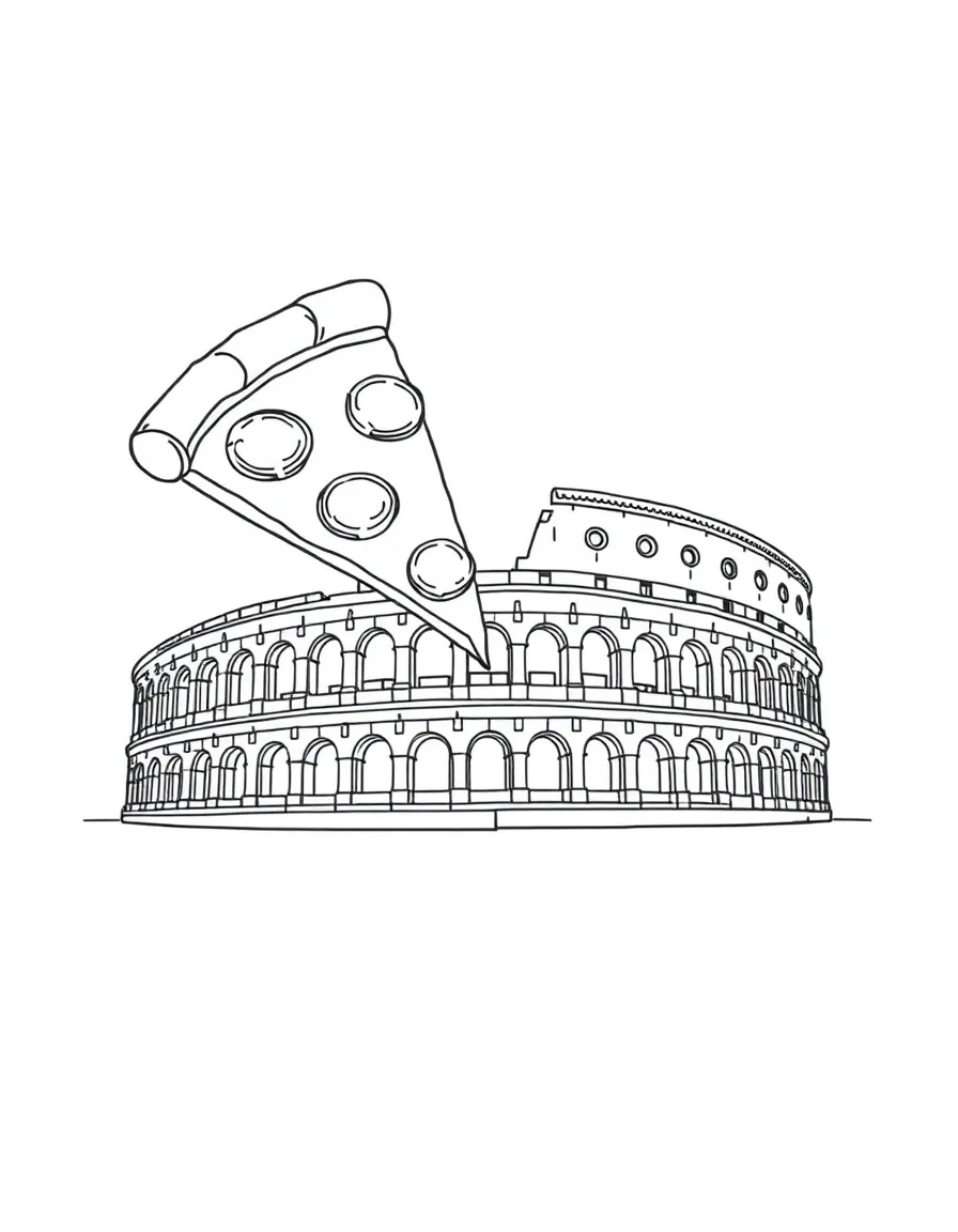 A pizza slice and the Colosseum for Italy.