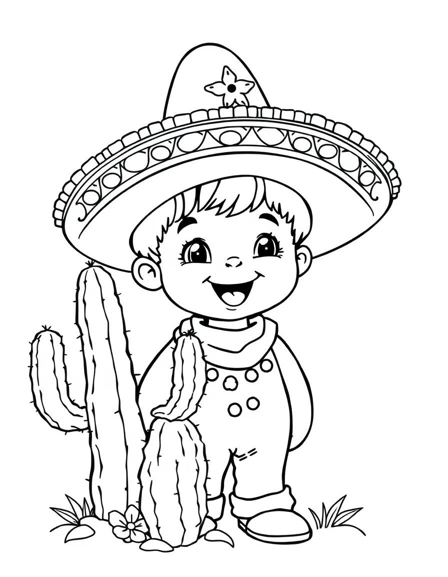 A happy child wearing a sombrero and a cactus for Mexico.