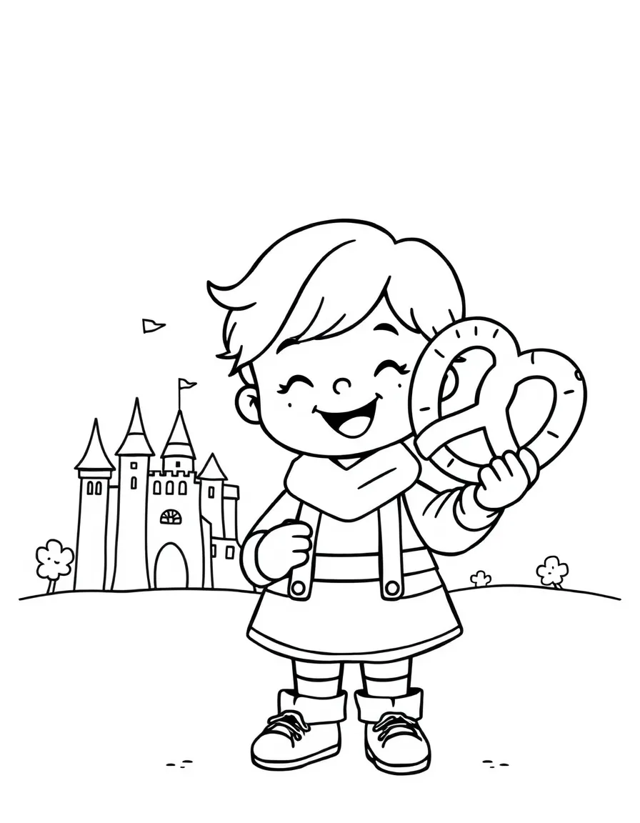 A cheerful child with a pretzel and a castle for Germany.