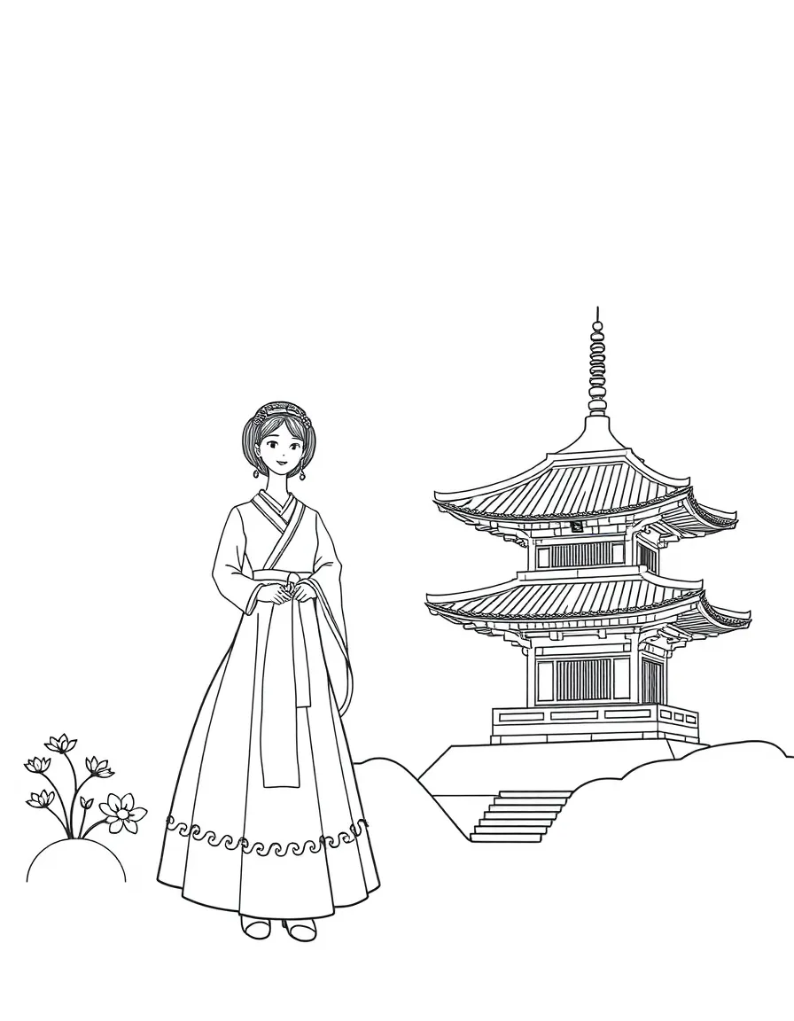 A traditional Korean hanbok and a pagoda for South Korea.