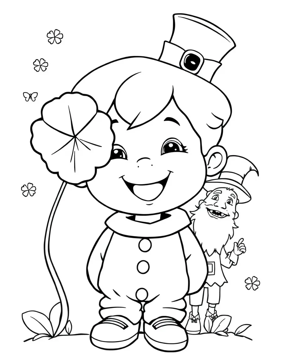A happy child with a shamrock and a leprechaun for Ireland.