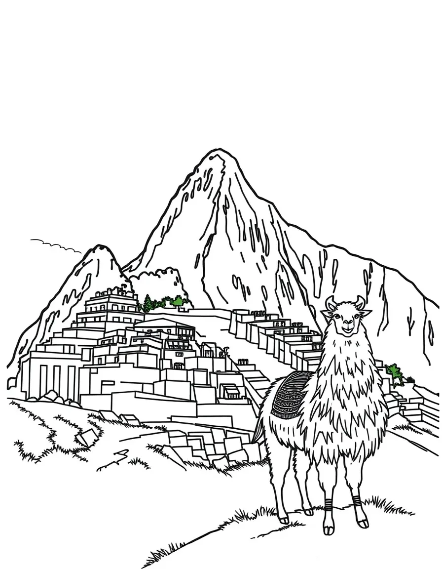 A giant ancient ruin (Machu Picchu) and a llama for Peru.