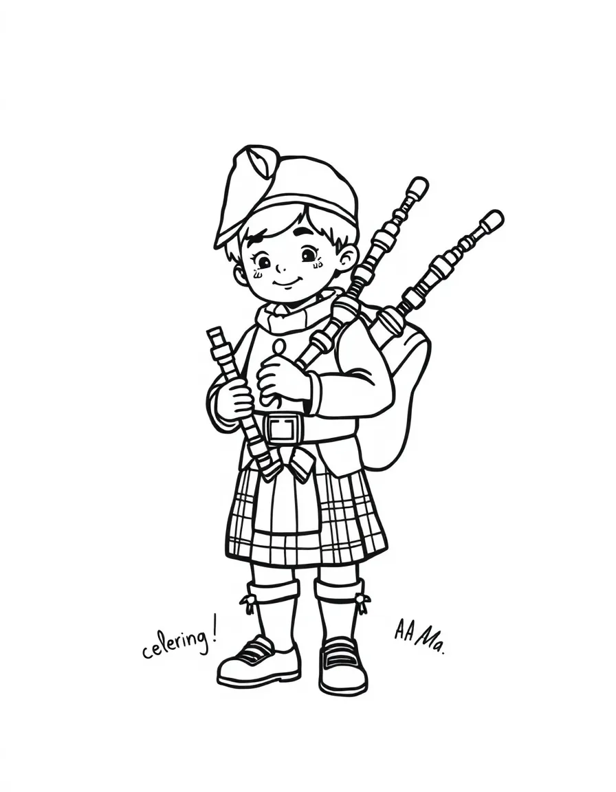 A kilt-wearing child and a bagpipe for Scotland.