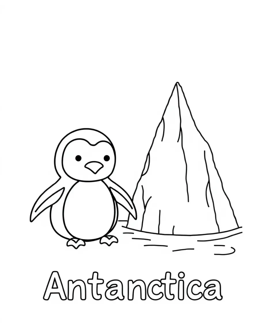 A cute penguin and an iceberg with the name Antarctica (as a continent, but often included for broad world knowledge).