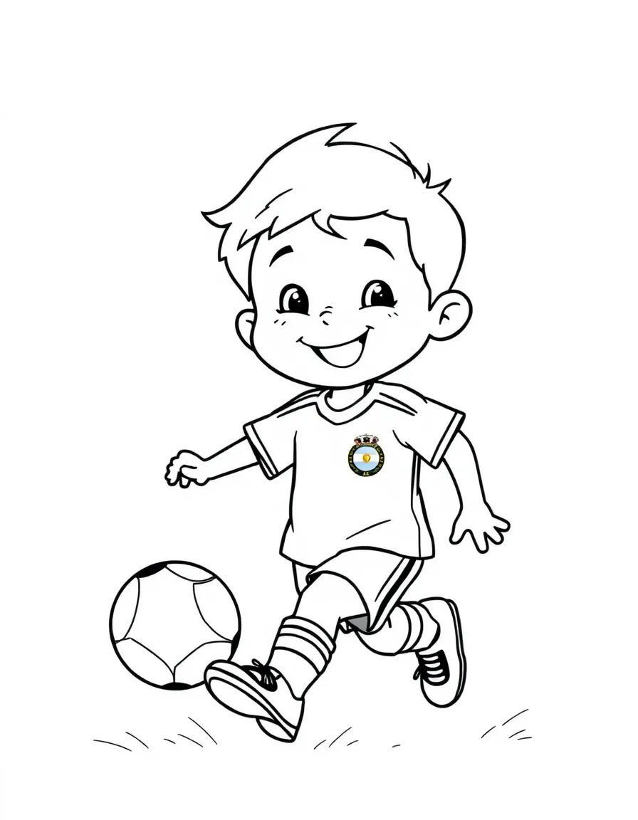 A smiling child playing soccer and the flag of Argentina.