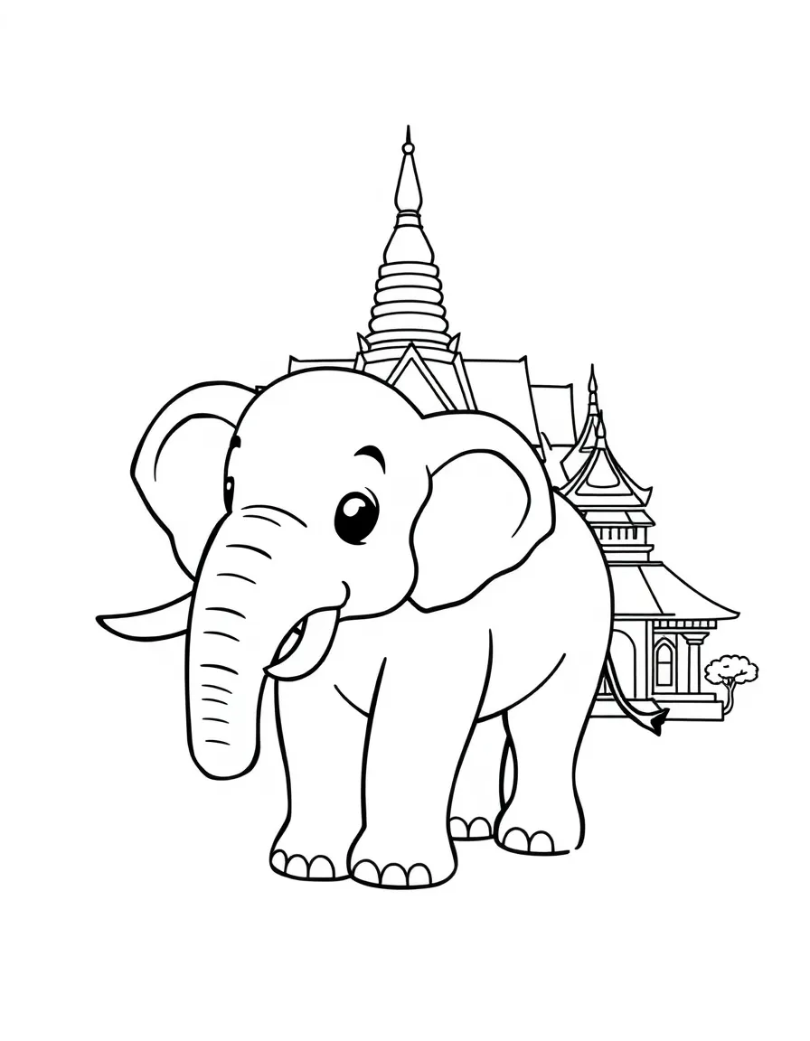 A friendly elephant and a temple outline for Thailand.