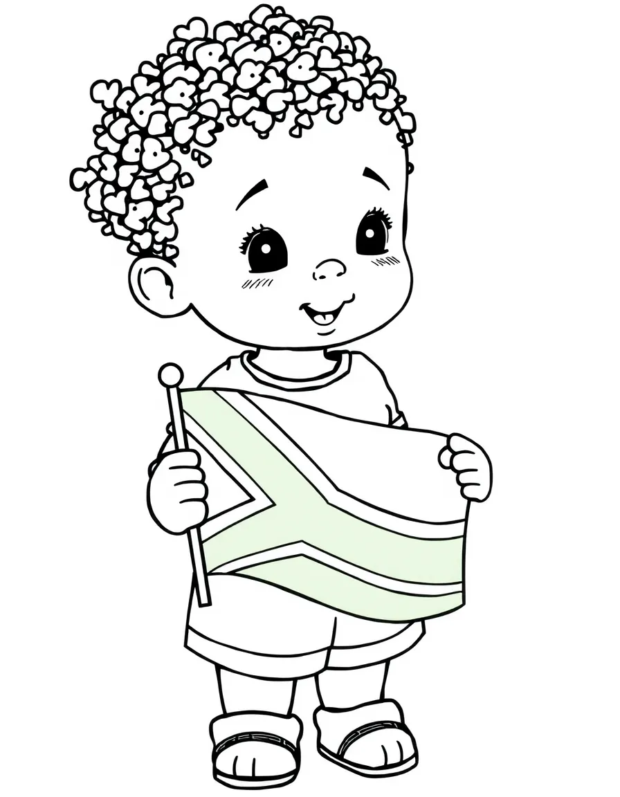A child holding a small, colorful flag of South Africa.