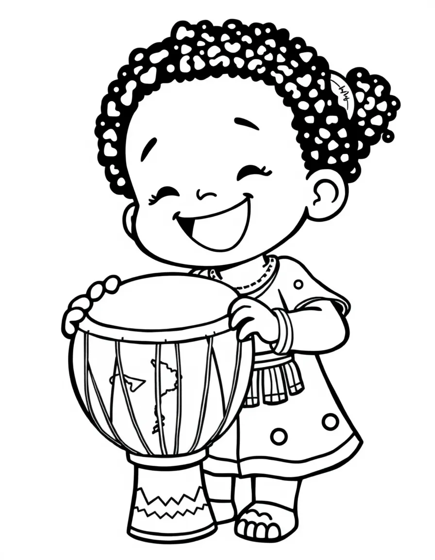 A cheerful child with a djembe drum and the map of Ghana.