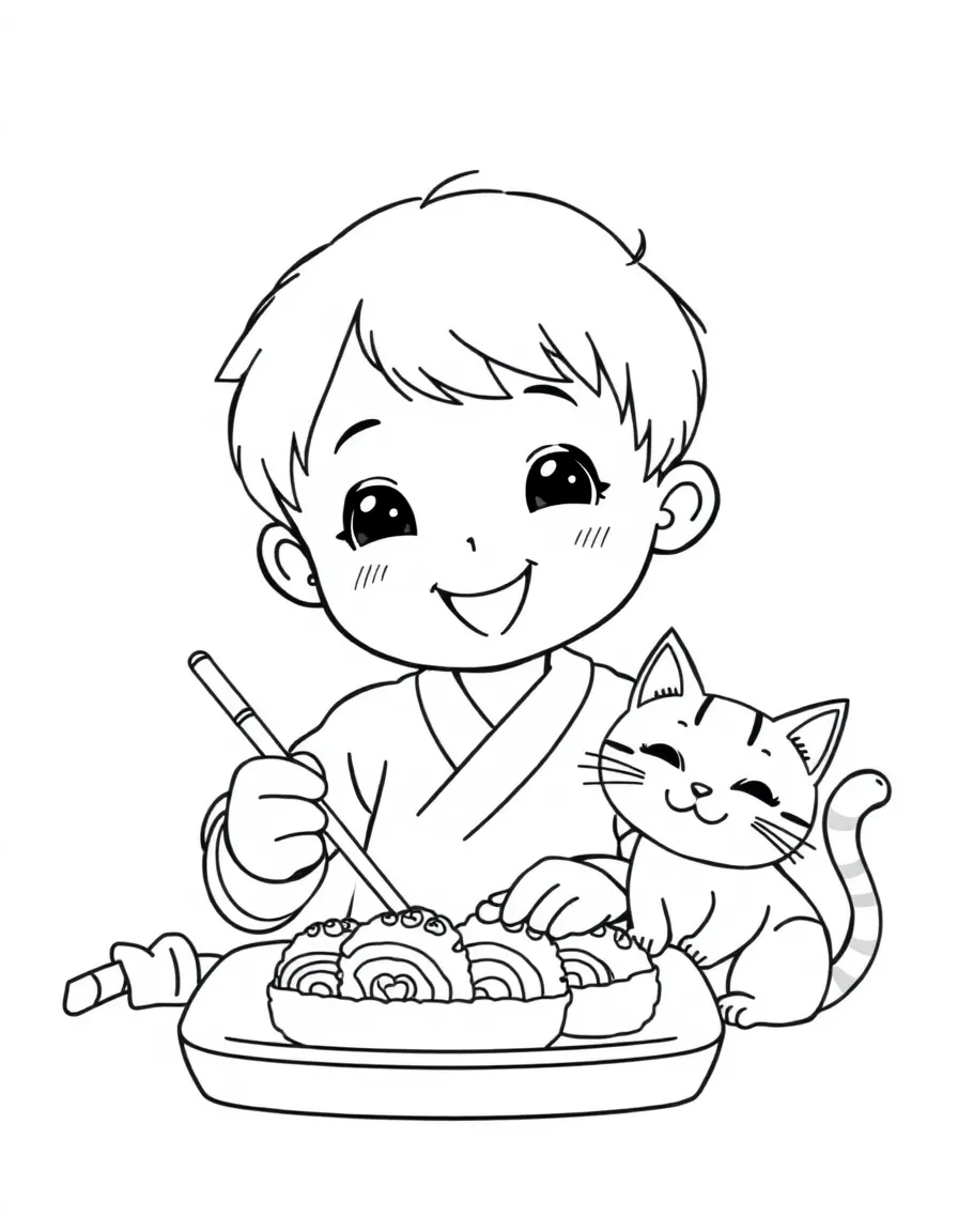 A happy child making "sushi" and a smiling cat for Japan.