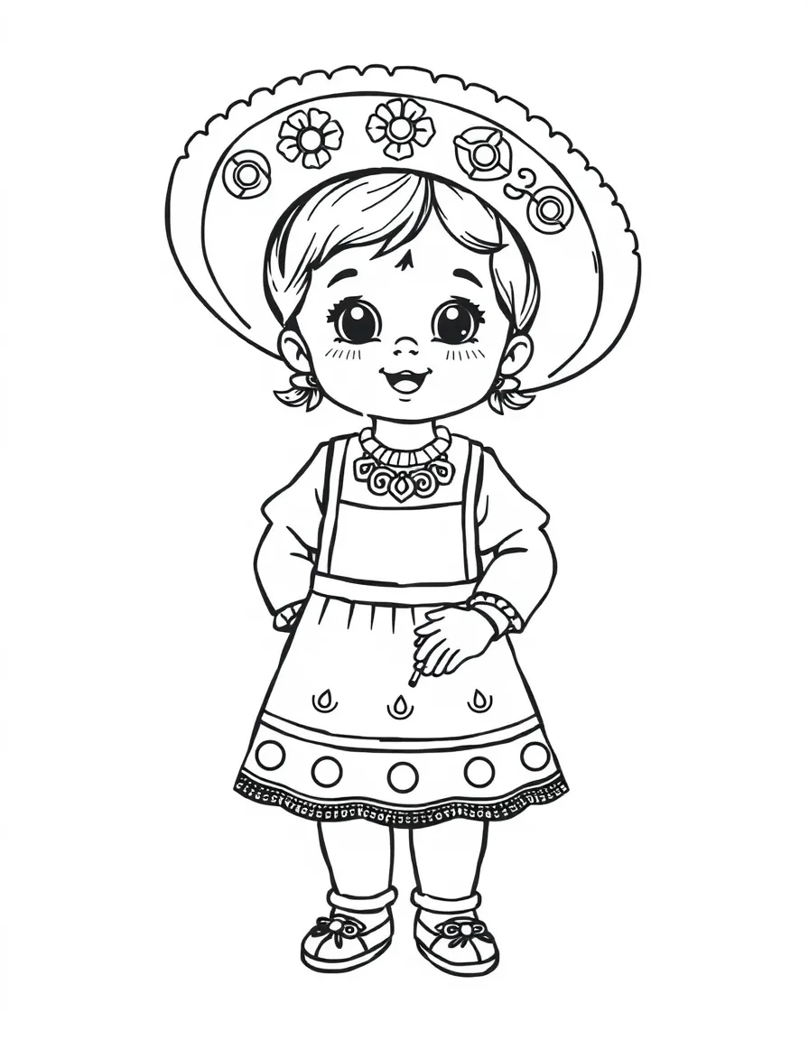 A child in a traditional Mexican dress and a taco for Mexico.