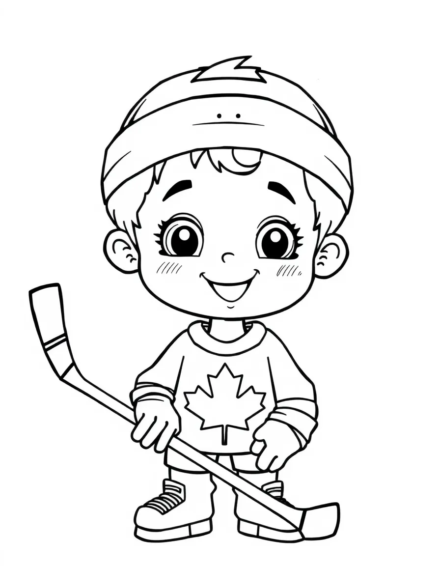 A smiling child with a maple leaf and a hockey stick for Canada.