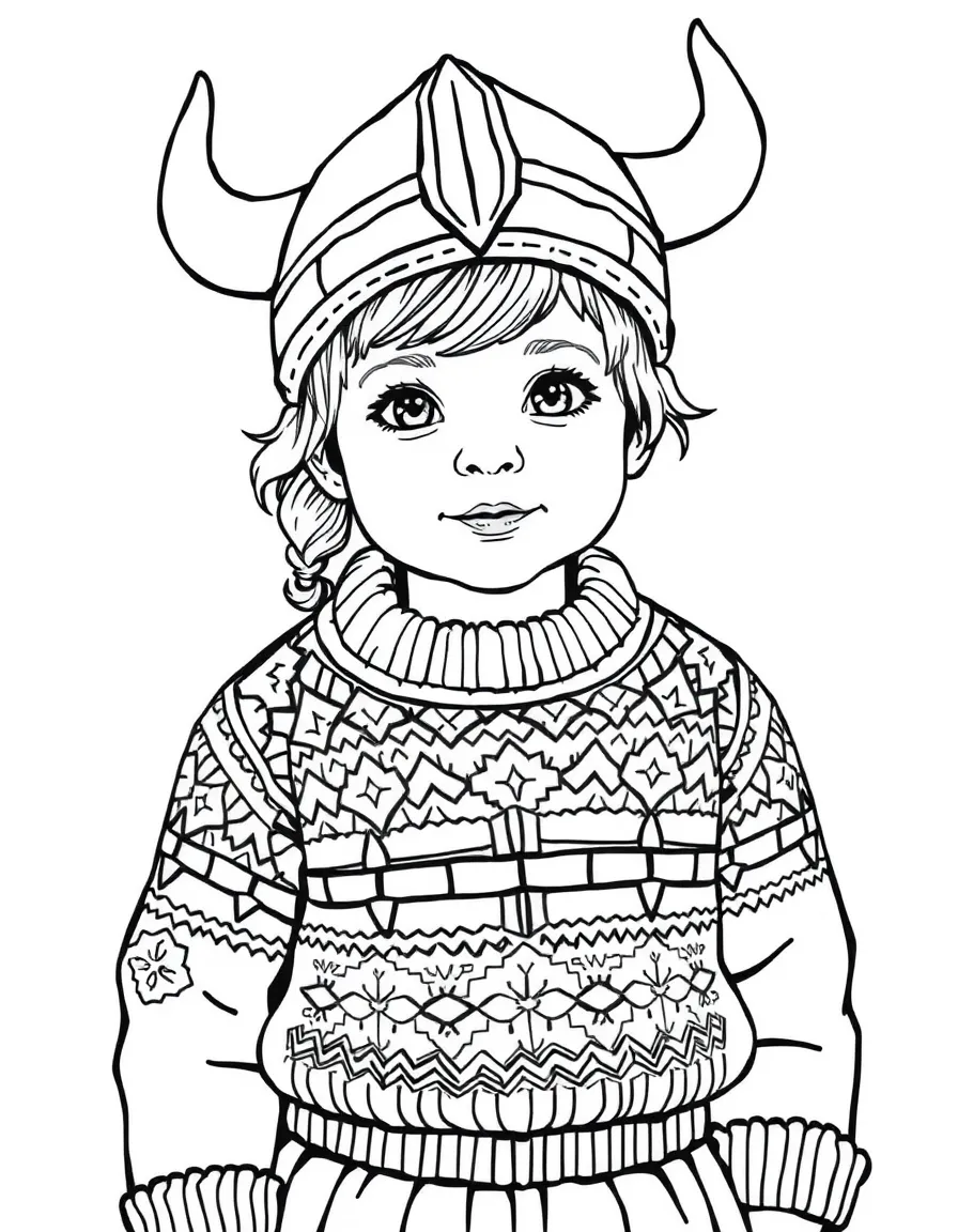 A child in a traditional Norwegian sweater and a Viking hat for Norway.