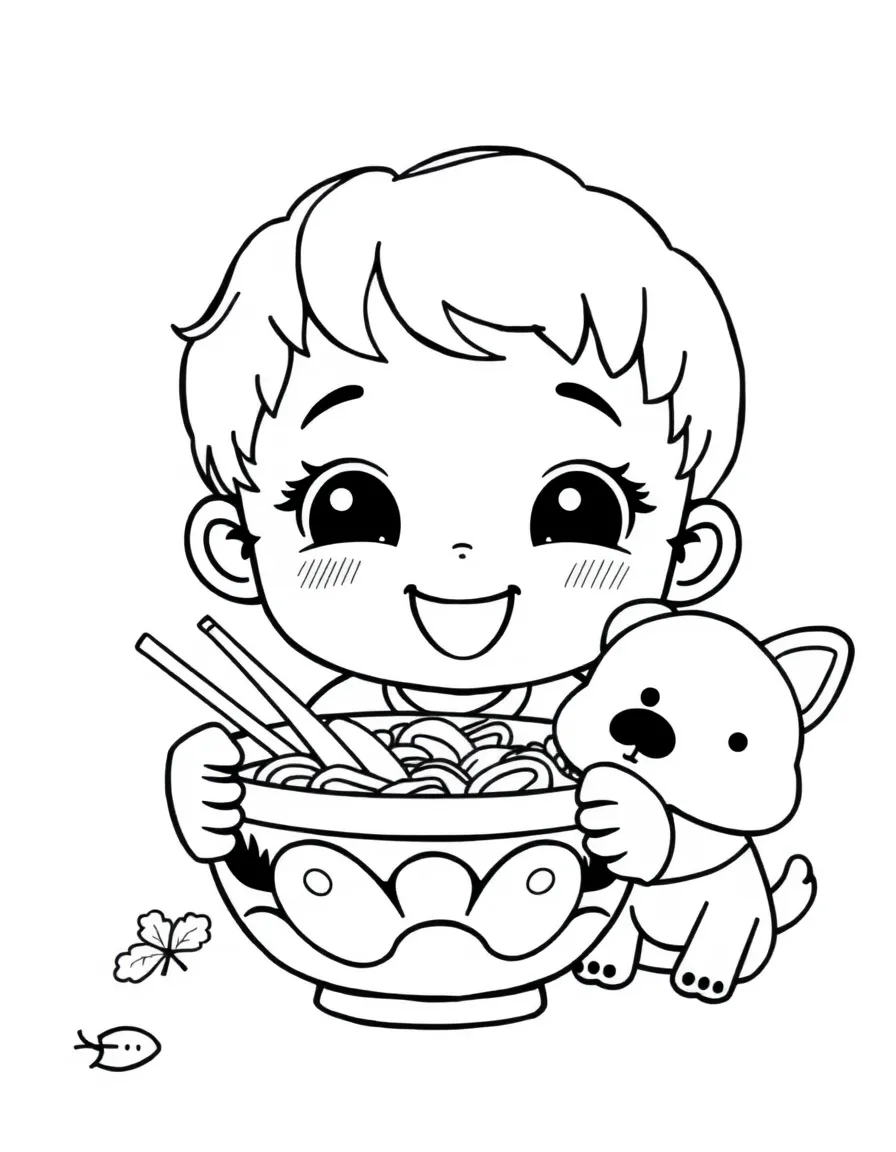 A happy child with a kimchi bowl and a cute dog for South Korea.