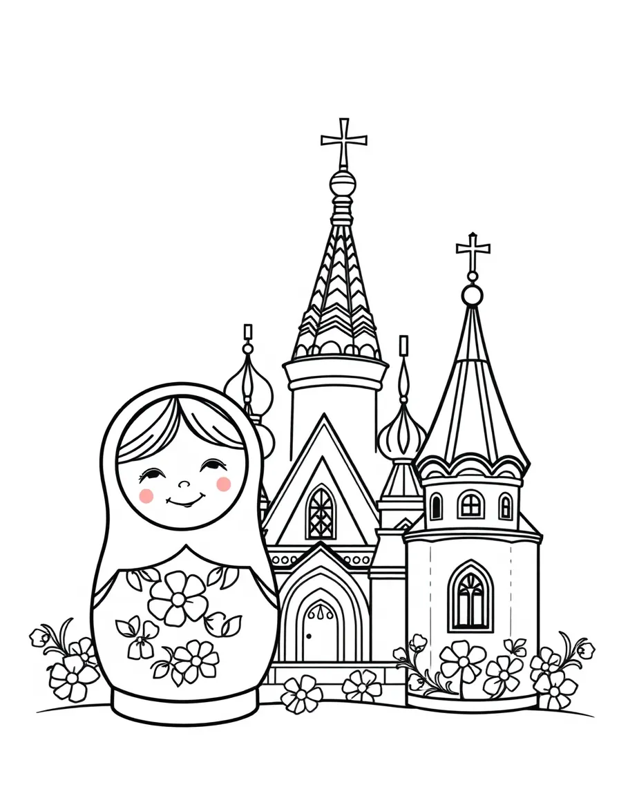 A cheerful child with a matryoshka doll and a onion dome building for Russia.