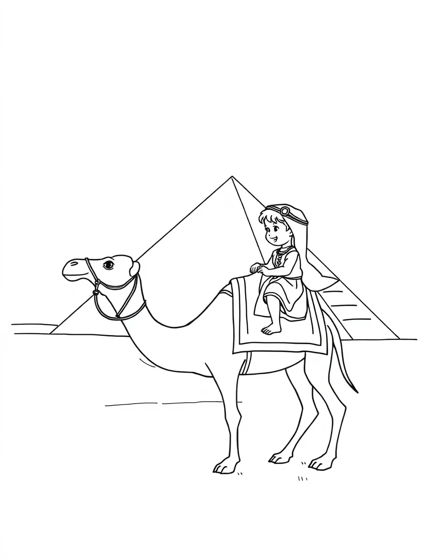 A child riding a camel near a pyramid for Egypt.