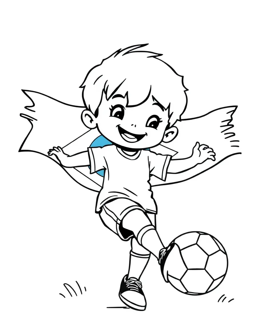 A happy child kicking a soccer ball and the flag of Brazil.