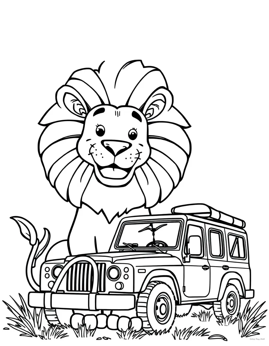 A friendly lion and a safari jeep for Kenya.
