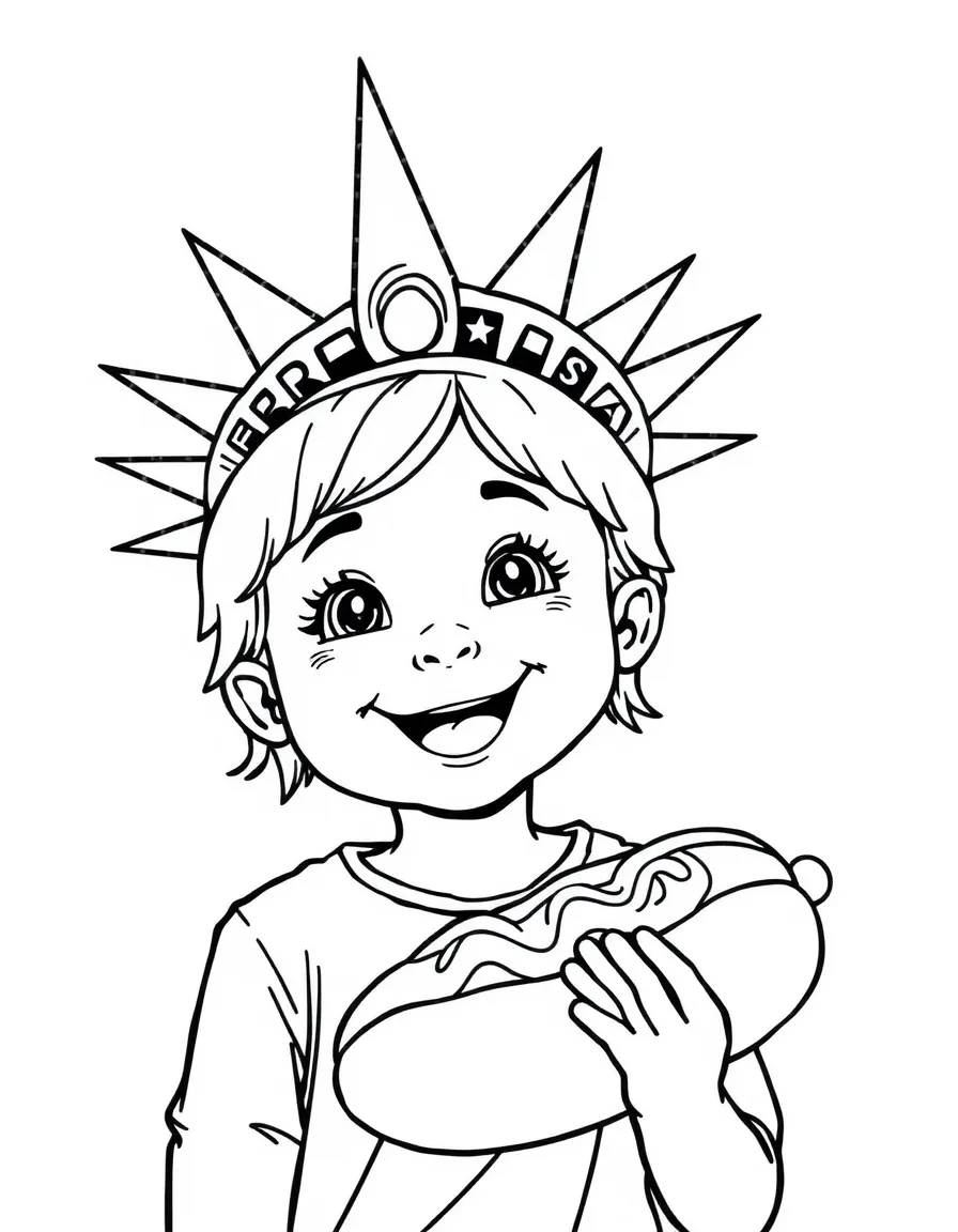 A happy child with a Statue of Liberty crown and a hot dog for USA.