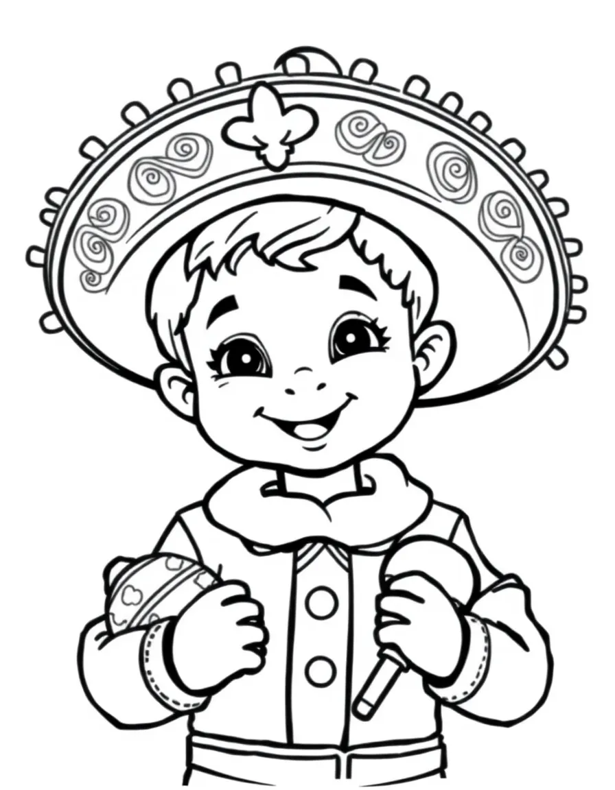 A smiling child with a mariachi hat and maracas for Mexico.