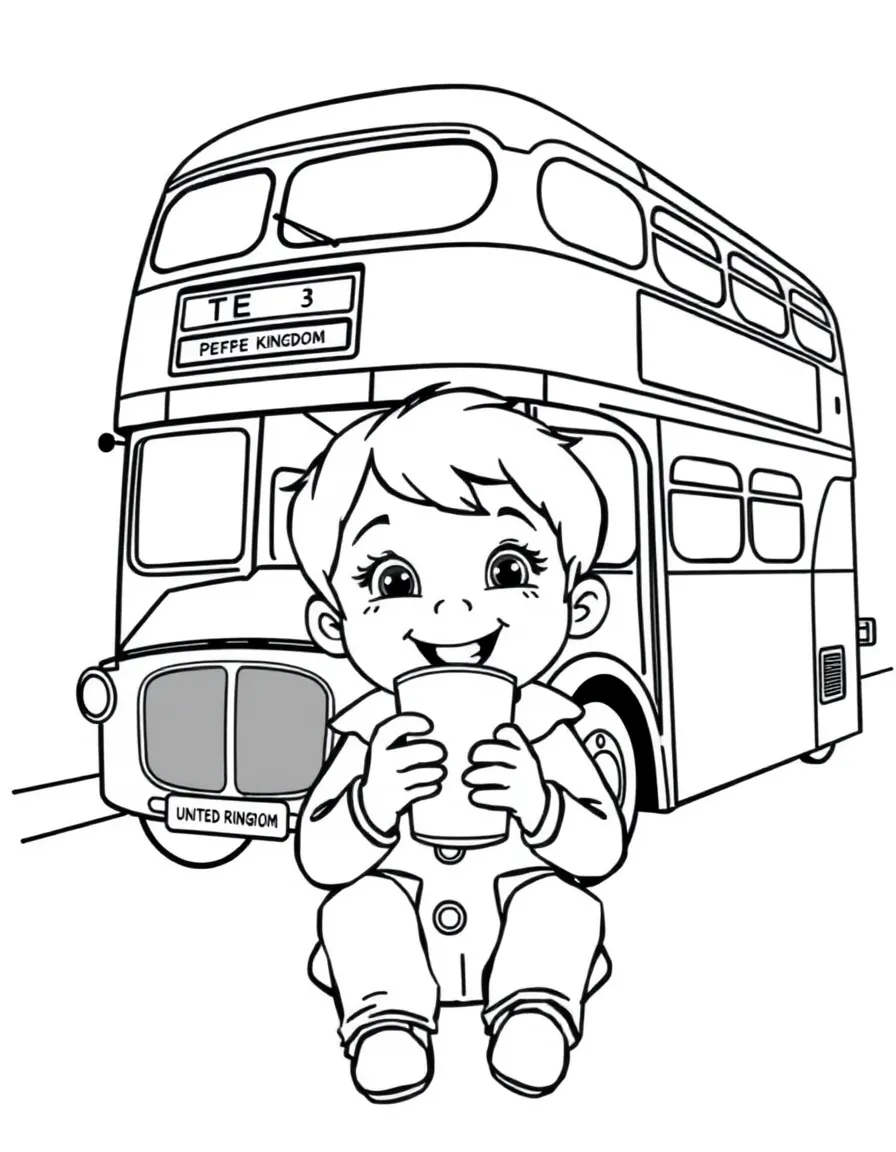 A cheerful child drinking tea and a double-decker bus for United Kingdom.