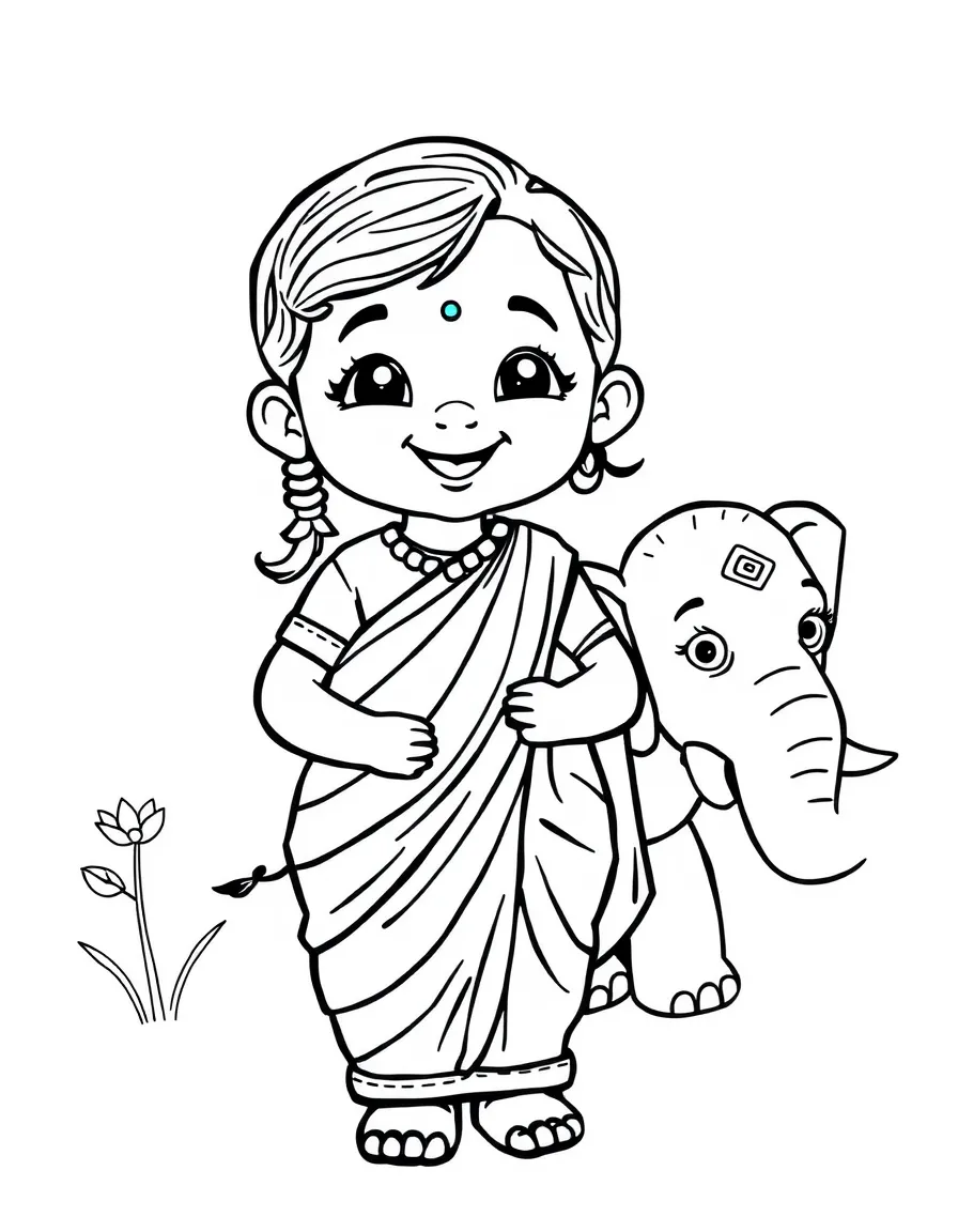 A happy child with a sari and an elephant for India.