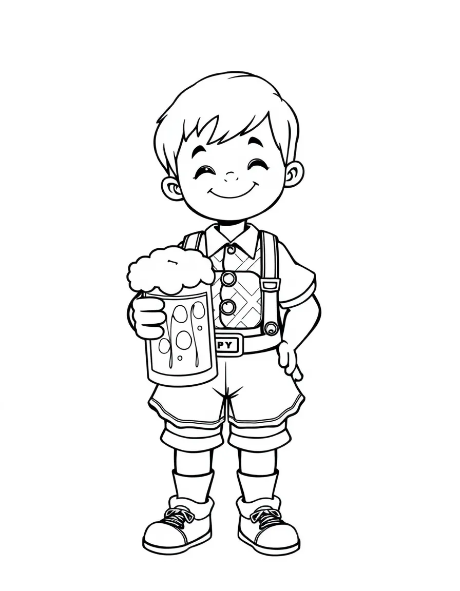 A smiling child holding a beer stein and a lederhosen outfit for Germany.