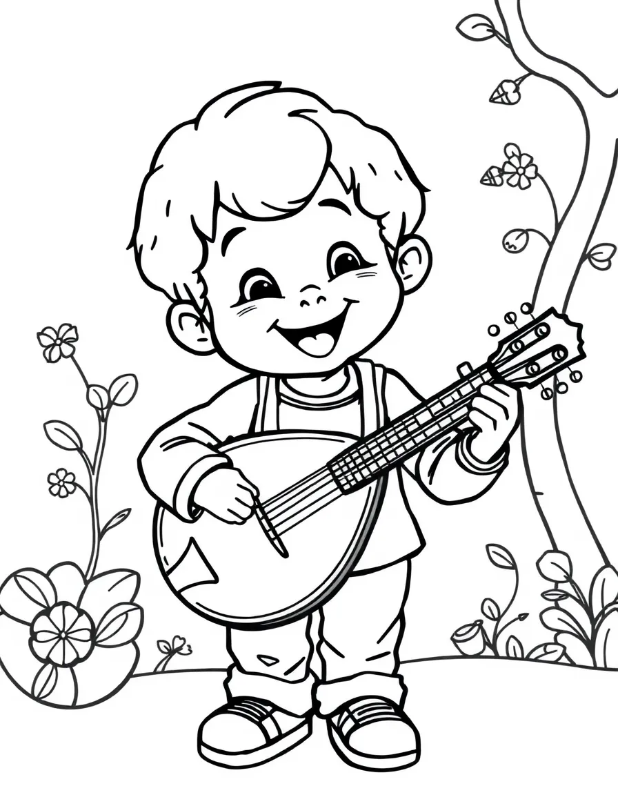 A happy child playing a mandolin for Italy.