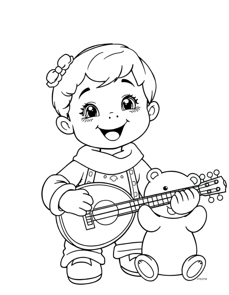 A cheerful child with a balalaika and a bear for Russia.
