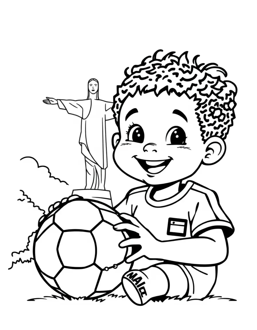 A smiling child with a soccer ball and a Christ the Redeemer statue for Brazil.
