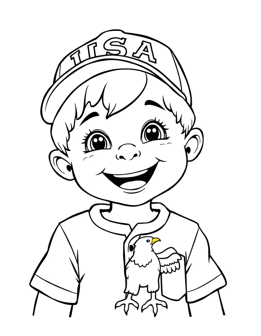 A cheerful child with a baseball cap and an eagle for USA.