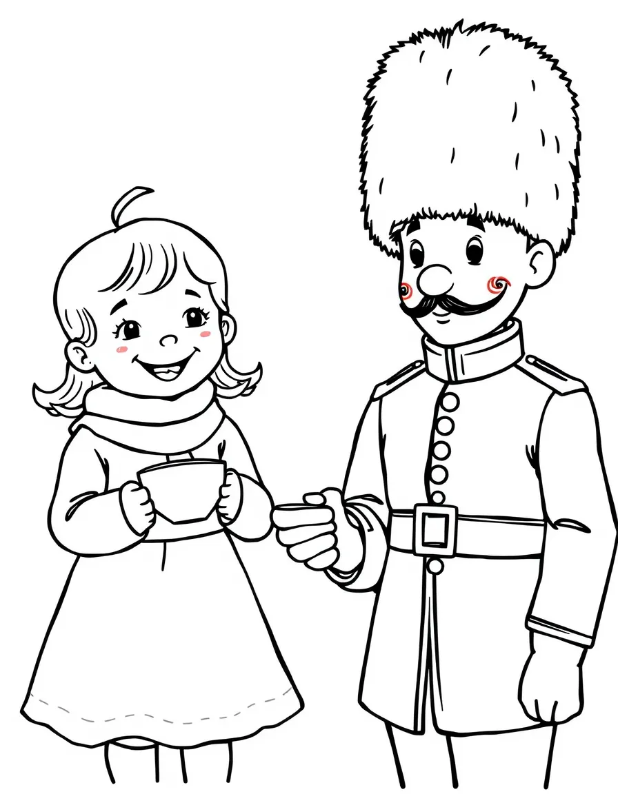 A smiling child with a teacup and a guard in a bearskin hat for United Kingdom.