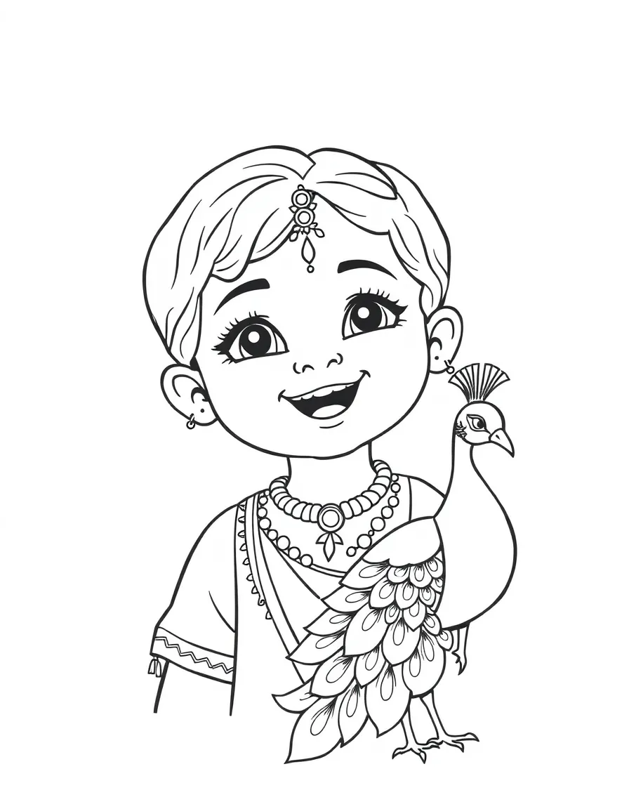 A happy child with a bindi and a peacock for India.