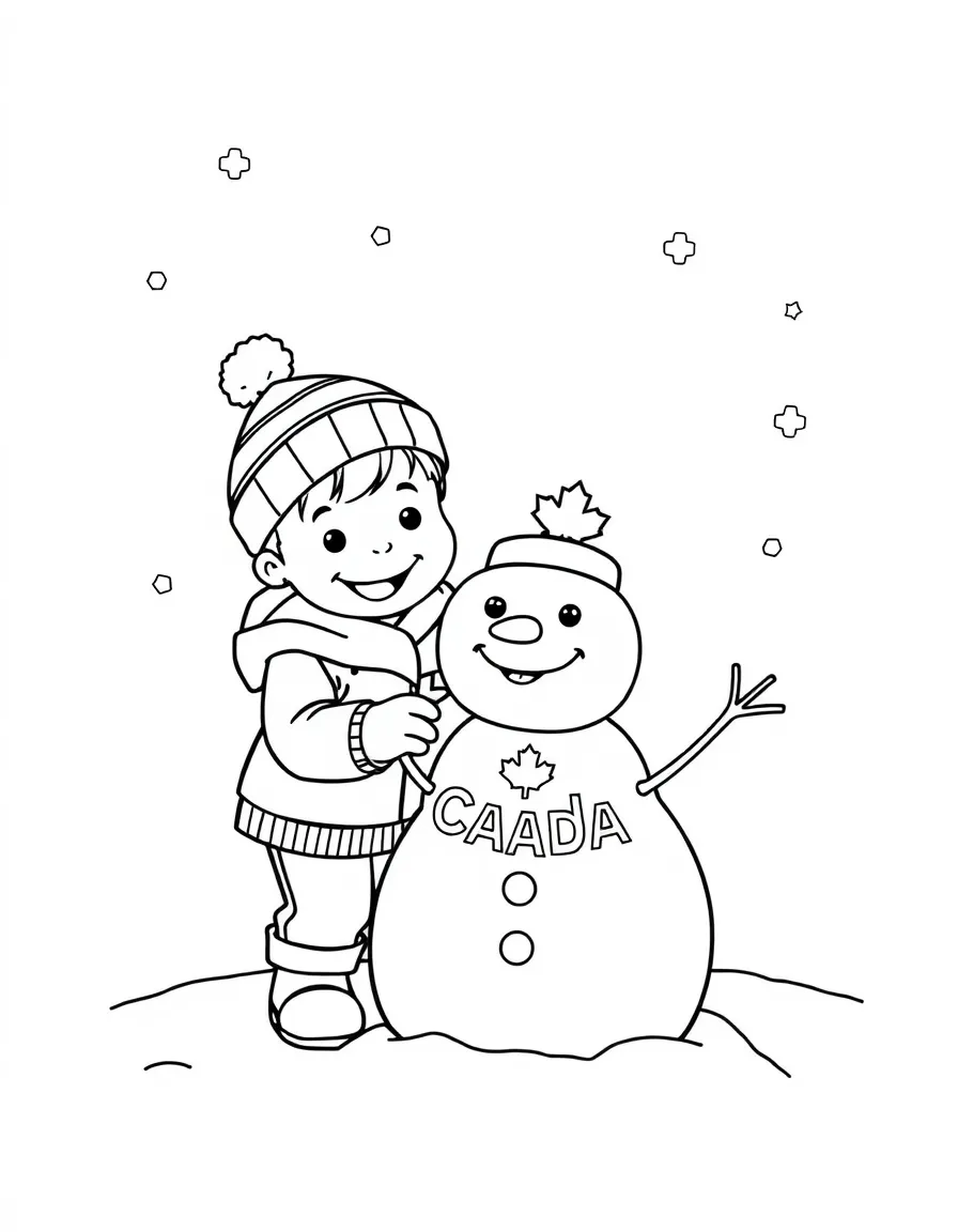 A cheerful child building a snowman for Canada.