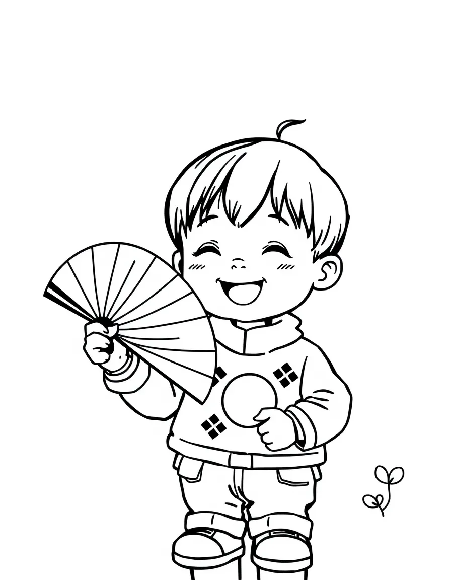 A happy child holding a fan for South Korea.